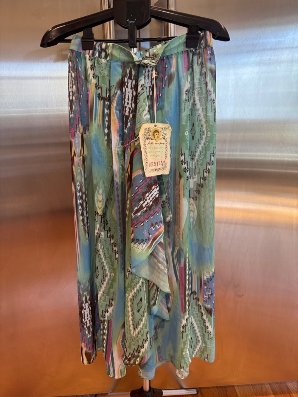 Aratta Multi-Color Geometric Ruffle Skirt in Teal, Blue & Pink